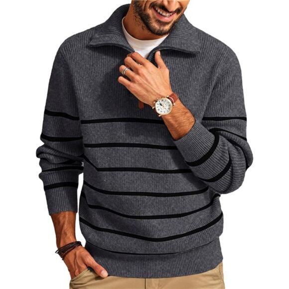 Men's Quarter Zip Sweater Striped Mock Neck Pullover Sweater